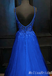 Sexy Elegant Royal Blue Spaghetti Straps Lace Appliques A-Line V-Neck Evening Gown Maxi Long Formal Dresses Prom Dresses,MB522