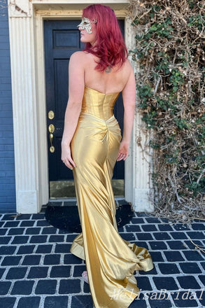 Gold Mermaid Sweetheart Evening Gown Maxi Long Evening Party Prom Dresses With Side Slit,MB647