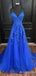 Sexy Elegant Royal Blue Spaghetti Straps Lace Appliques A-Line V-Neck Evening Gown Maxi Long Formal Dresses Prom Dresses,MB522