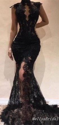 Black Mermaid High Neck Plunging Lace Appliques Sleeveless Evening Gown Maxi Long Evening Party Prom Dresses With Front Slit,MB591