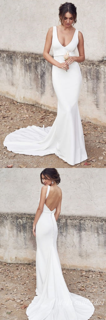 Elegant White Open Back Mermaid Plunging Long Wedding Dresses With Trailing,WD71