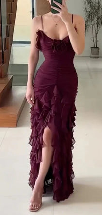 Sexy Spaghetti Straps Plunging Evening Gown Long Prom Dresses with Ruffles,MB307