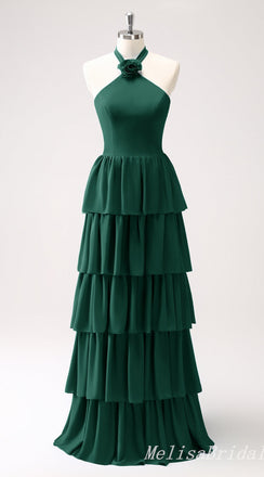 Green Layer A-line Halter Evening Gown Maxi Long Evening Party Prom Dresses,MB792