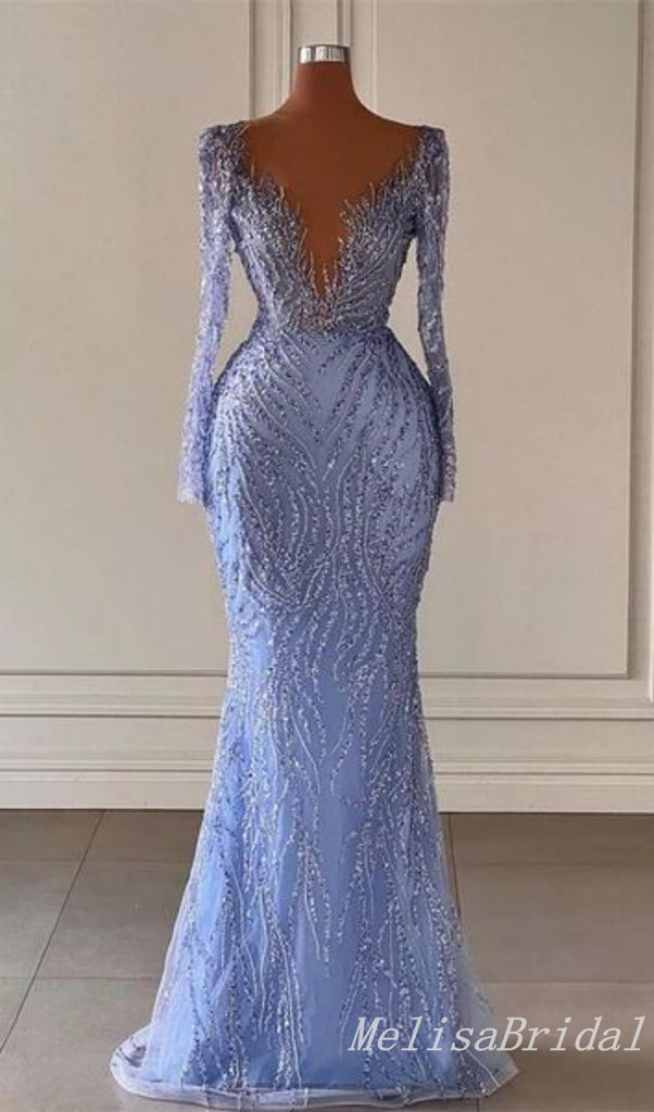 Purple Plunging Long Sleeves Mermaid Evening Gown Long Evening Party Prom Dresses,MB826