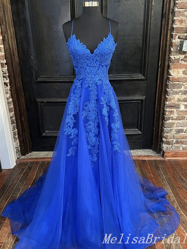 Sexy Elegant Royal Blue Spaghetti Straps Lace Appliques A-Line V-Neck Evening Gown Maxi Long Formal Dresses Prom Dresses,MB522