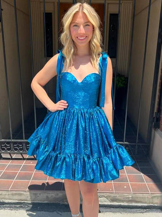 Elegant Blue Spaghetti Straps Ruffles Simple Cheap A-Line Short Homecoming Dresses, HD214