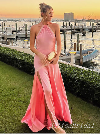Elegant Pink Halter Side Slit Mermaid Sleeveless Pleats Evening Prom Dresses,MB139