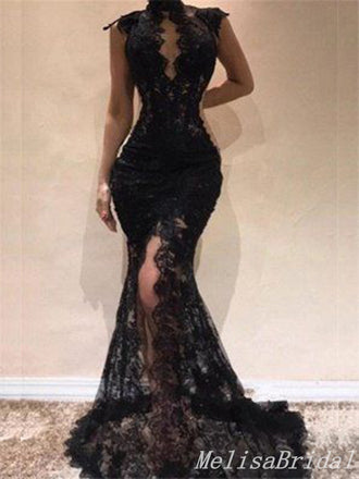 Black Mermaid High Neck Plunging Lace Appliques Sleeveless Evening Gown Maxi Long Evening Party Prom Dresses With Front Slit,MB591