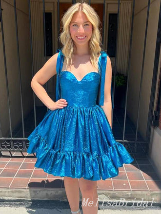 Elegant Blue Spaghetti Straps Ruffles Simple Cheap A-Line Short Homecoming Dresses, HD214