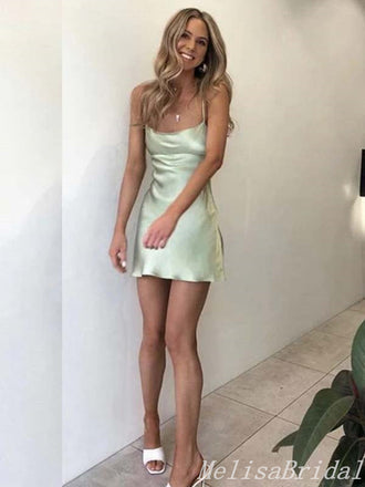 Sexy Spaghetti Straps Lace Up Back Sheath Sweetheart Off-The-Shoulder Short Homecoming Dresses With Side Slit, HD308