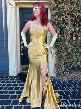 Gold Mermaid Sweetheart Evening Gown Maxi Long Evening Party Prom Dresses With Side Slit,MB647