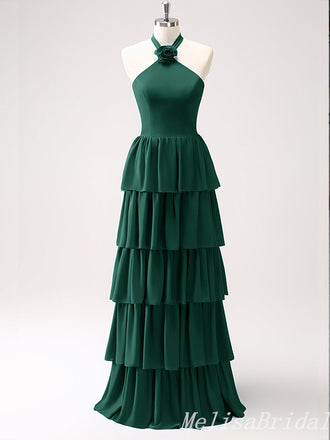 Green Layer A-line Halter Evening Gown Maxi Long Evening Party Prom Dresses,MB792
