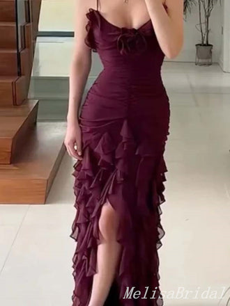 Sexy Spaghetti Straps Plunging Evening Gown Long Prom Dresses with Ruffles,MB307