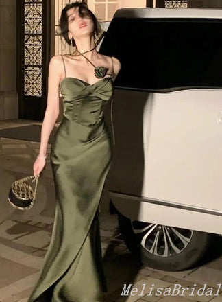 Olive Spaghetti Straps Sweetheart Mermaid Evening Gown Maxi Long Evening Party Prom Dresses ,MB592