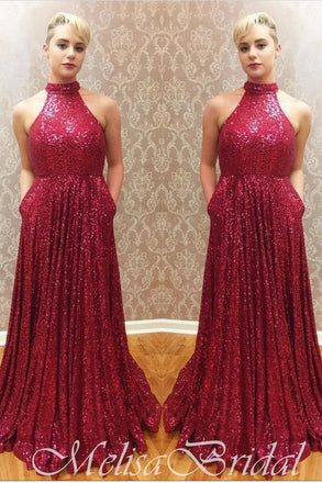 Red Sparkle Halter A-Line Evening Gown Maxi Long Evening Party Prom Dresses With Pleats,MB648