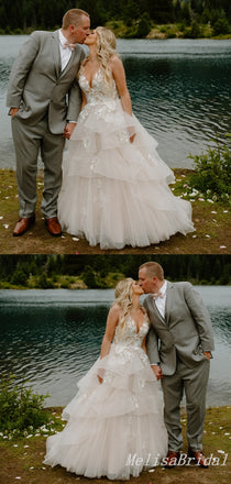 A-Line Floral Appliques Layer Fluffy Plunging Long Wedding Dresses With Trailing ,WD72