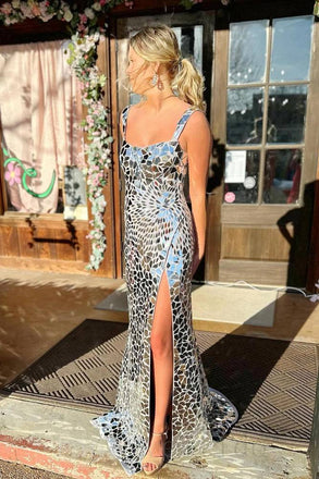 Elegant Silver Spaghetti Straps Mermaid Long Formal Dress to Impress,MB11124