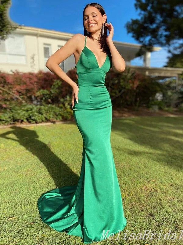 Sexy Green Spaghetti Straps Lace Up Back Deep V-Neck Evening Gown Maxi Long Formal Dresses Prom Dresses,MB523