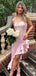 Elegant Unique Pink Spaghetti Strap Ruffle Mermaid Asymmetrical Side Slit Long Prom Dresses,MB32