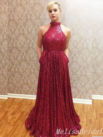 Red Sparkle Halter A-Line Evening Gown Maxi Long Evening Party Prom Dresses With Pleats,MB648