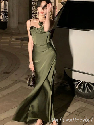 Olive Spaghetti Straps Sweetheart Mermaid Evening Gown Maxi Long Evening Party Prom Dresses ,MB592