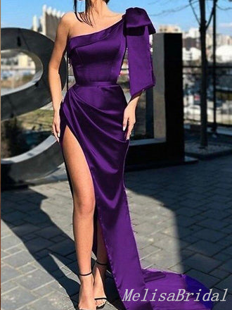 Purple Mermaid One Shoulder Bow Knot Evening Gown Maxi Long Evening Party Prom Dresses with Side Slit,MB719
