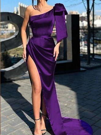 Purple Mermaid One Shoulder Bow Knot Evening Gown Maxi Long Evening Party Prom Dresses with Side Slit,MB719