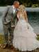 A-Line Floral Appliques Layer Fluffy Plunging Long Wedding Dresses With Trailing ,WD72