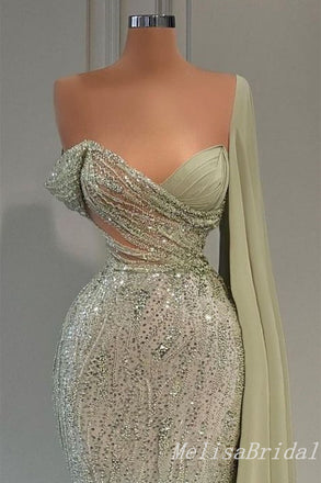 Sparkle Green Off Shoulder V Neck Mermaid Evening Gown Long Evening Party Prom Dresses ,MB828