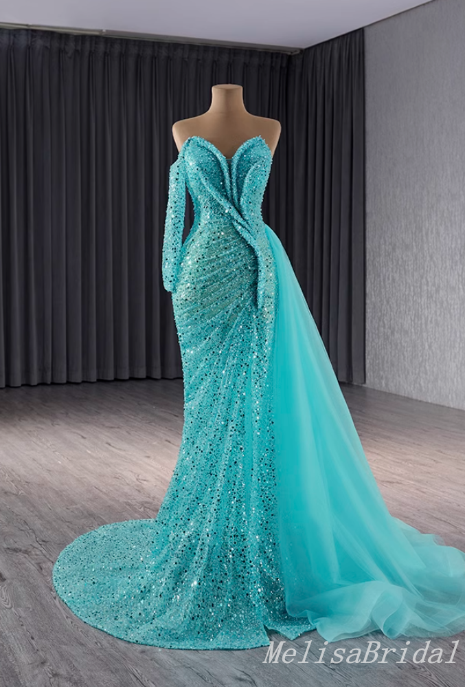 Shiny Green Strapless One Sleeve Sweetheart Mermaid Party Dress Long Prom Dresses to Impress ,MB963