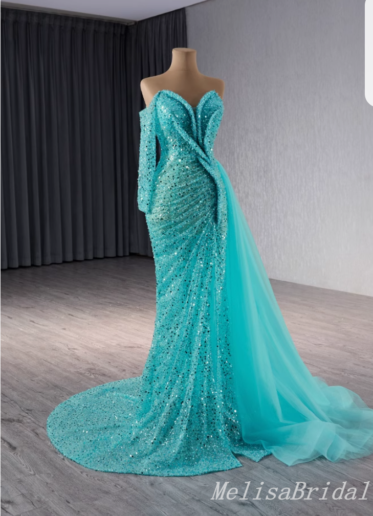 Shiny Green Strapless One Sleeve Sweetheart Mermaid Party Dress Long Prom Dresses to Impress ,MB963