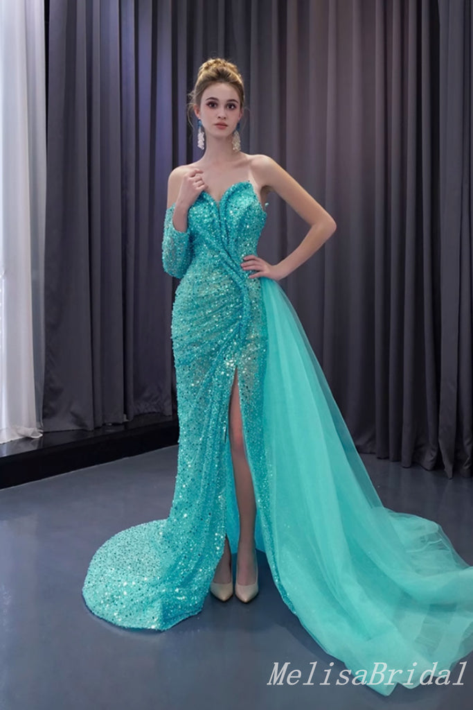 Shiny Green Strapless One Sleeve Sweetheart Mermaid Party Dress Long Prom Dresses to Impress ,MB963