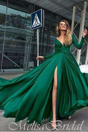 Gorgeous Emerald Green Plunging A-Line Evening Gown Maxi Long Evening Party Prom Dresses With Side Slit,MB649