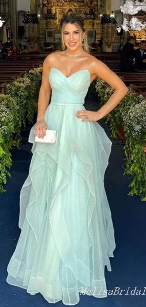 Elegant Mint Green Strapless Sweetheart Evening Gown Maxi Long Formal Dresses Prom Dresses With Ruffles,MB524