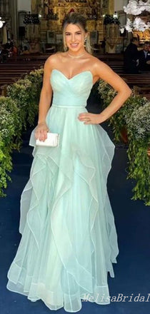 Elegant Mint Green Strapless Sweetheart Evening Gown Maxi Long Formal Dresses Prom Dresses With Ruffles,MB524