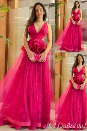 Hot Pink Plunging Fluffy A-line Evening Gown Maxi Long Evening Party Prom Dresses ,MB747