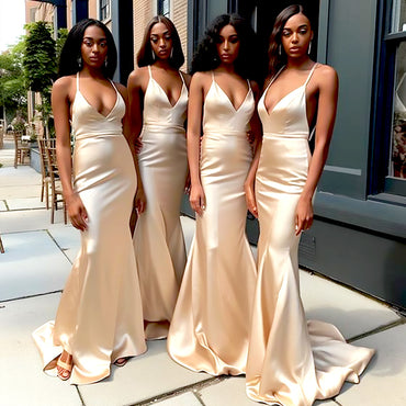 Elegant champagne Spaghetti Straps V Neck Simple Mermaid Long Cheap Bridesmaid Dresses ,BD111