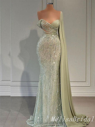 Sparkle Green Off Shoulder V Neck Mermaid Evening Gown Long Evening Party Prom Dresses ,MB828