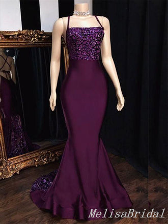 Sparkle Burgundy Spaghetti Straps Lace Up Back Mermaid Evening Gown Maxi Long Evening Party Prom Dresses ,MB720