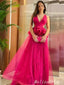 Hot Pink Plunging Fluffy A-line Evening Gown Maxi Long Evening Party Prom Dresses ,MB747