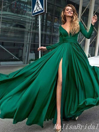 Gorgeous Emerald Green Plunging A-Line Evening Gown Maxi Long Evening Party Prom Dresses With Side Slit,MB649