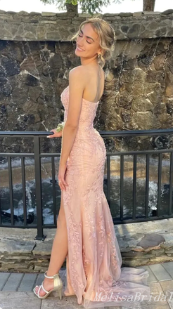 Sexy Light Pink Strapless Mermaid Evening Gown Maxi Long Formal Dresses Prom Dresses With Side Slit ,MB476