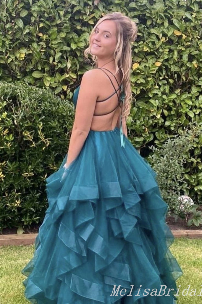 Sexy Green V-Neck Lace Up Back Evening Gown Maxi Long Formal Dresses Prom Dresses With Ruffles,MB525