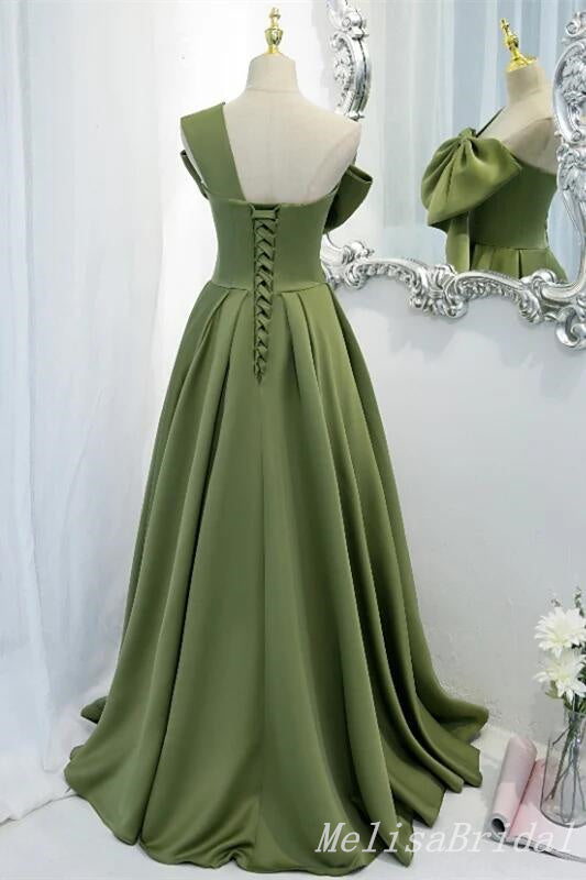 Green A-Line One Shoulder Lace Up Back Evening Gown Maxi Long Formal Dresses Prom Dresses With Bow Knot,MB565