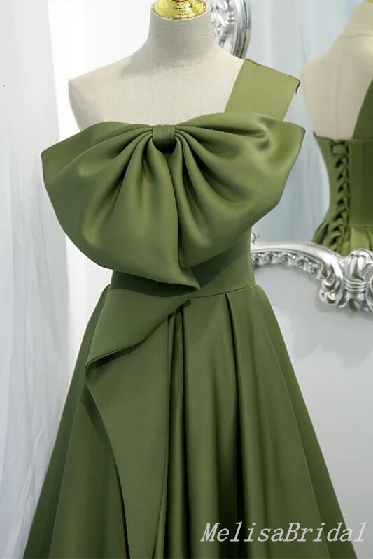 Green A-Line One Shoulder Lace Up Back Evening Gown Maxi Long Formal Dresses Prom Dresses With Bow Knot,MB565