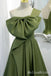 Green A-Line One Shoulder Lace Up Back Evening Gown Maxi Long Formal Dresses Prom Dresses With Bow Knot,MB565