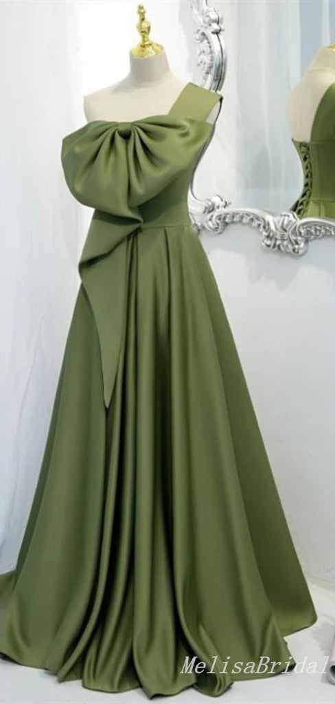 Green A-Line One Shoulder Lace Up Back Evening Gown Maxi Long Formal Dresses Prom Dresses With Bow Knot,MB565