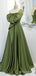 Green A-Line One Shoulder Lace Up Back Evening Gown Maxi Long Formal Dresses Prom Dresses With Bow Knot,MB565