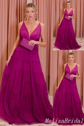 Hot Pink Plunging A-line Evening Gown Maxi Long Evening Party Prom Dresses ,MB748