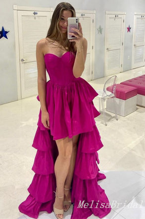 Hot Pink High Low Strapless A-line Layer Evening Gown Long Evening Party Prom Dresses ,MB829